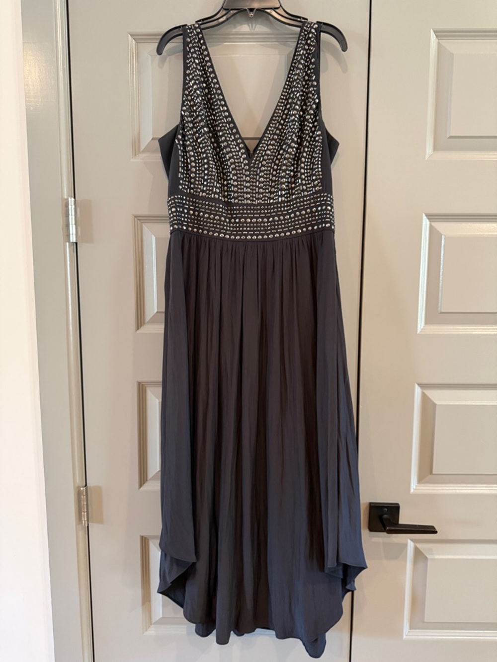 Ramy Brook Dark Gray Sleeveless Beaded V-Neck Midi Dress